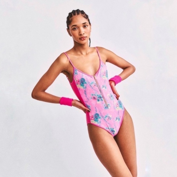 LOVESHACKFANCY X Beach Riot One Piece Cheryl Swimsuit Hint of Hibiscus L - Picture 1 of 12